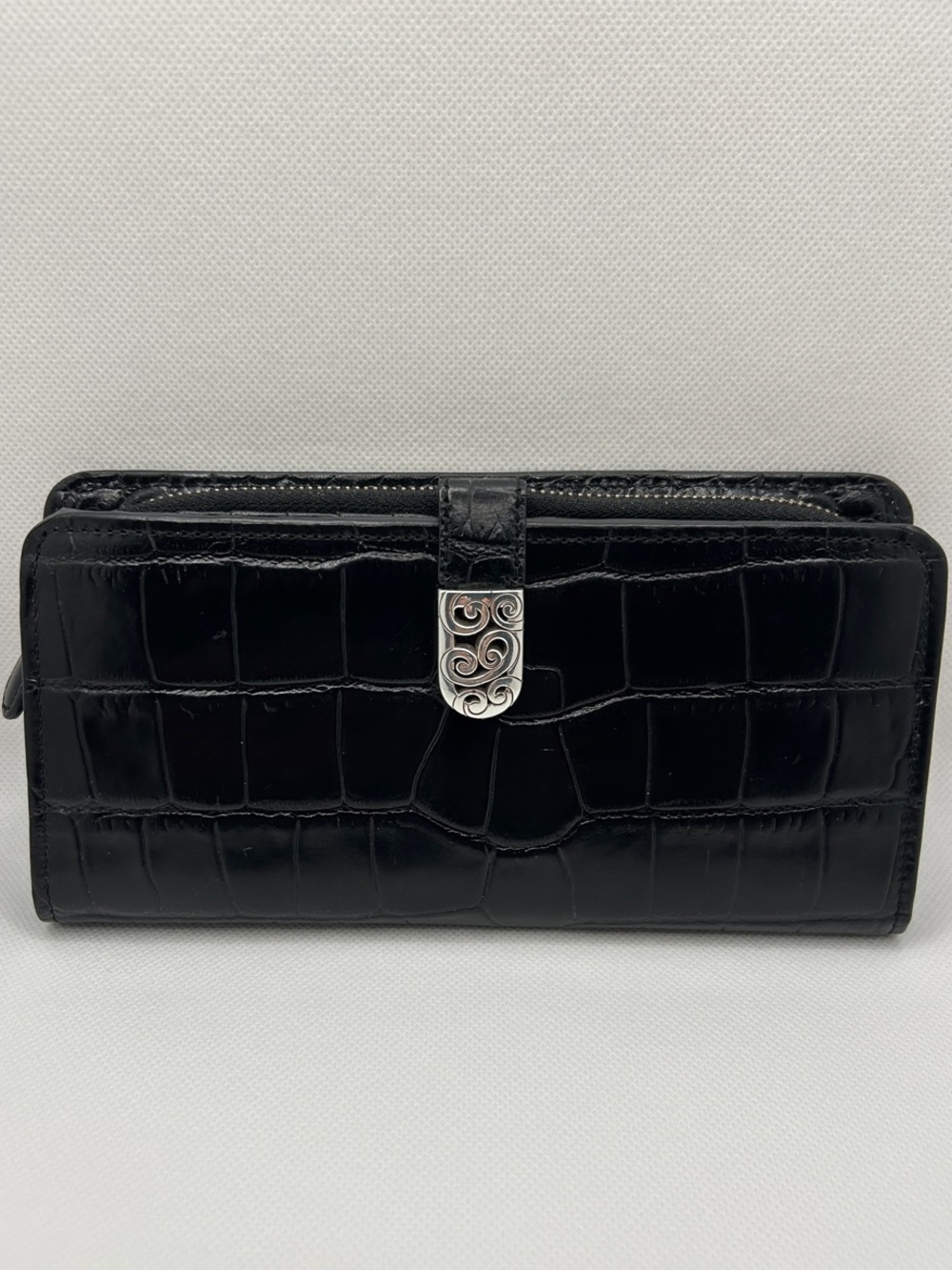 Brighton Black Croc-Embossed Leather Wallet with Silver Accents